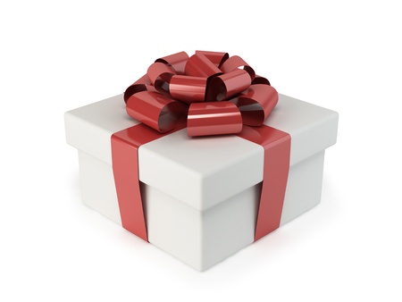 Gift box with red ribbon bow isolated on whiteの写真素材
