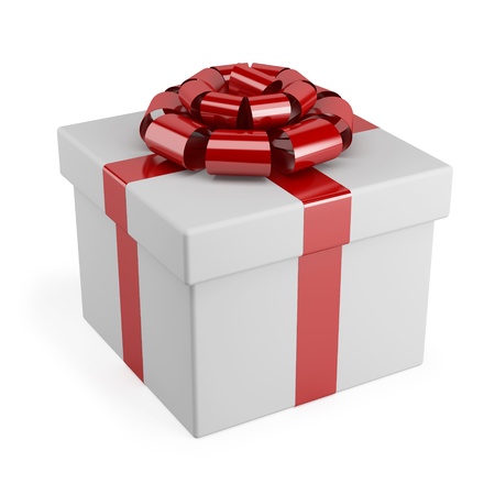 Gift box with red ribbon bow isolated on whiteの写真素材