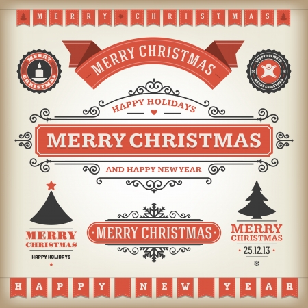 Christmas decoration vector design elements collection  Typographic elements, vintage labels, frames, ribbons, set  Flourishes calligraphic  のイラスト素材