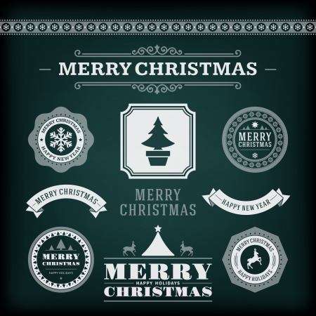 Christmas decoration vector design elements collection  Typographic elements, vintage labels, frames, ribbons, chalk set  Flourishes calligraphic  のイラスト素材