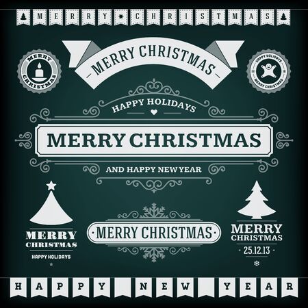 Christmas decoration vector design elements collection  Typographic elements, vintage labels, frames, ribbons, chalk set  Flourishes calligraphic  のイラスト素材