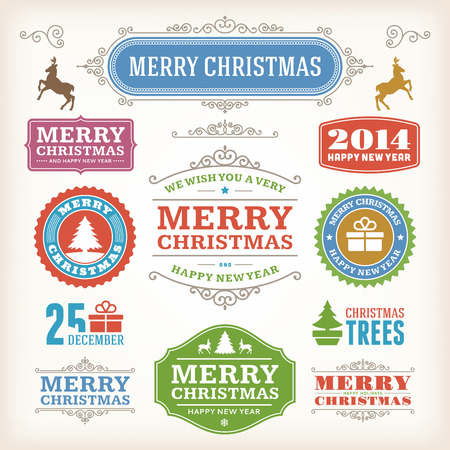 Christmas decoration vector design elements collection  Typographic elements, vintage labels, frames, ribbons, set  Flourishes calligraphic  のイラスト素材