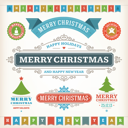 Christmas decoration vector design elements collection  Typographic elements, vintage labels, frames, ribbons, set  Flourishes calligraphic  のイラスト素材