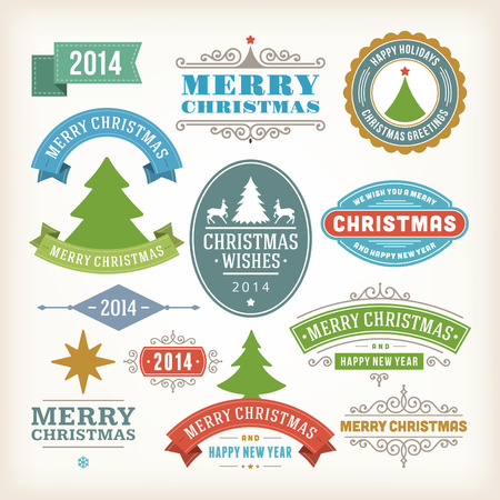 Christmas decoration vector design elements collection  Typographic elements, vintage labels, frames, ribbons, set  Flourishes calligraphic  のイラスト素材