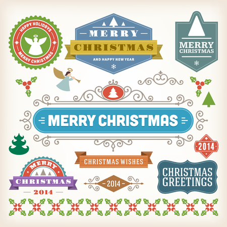 Christmas decoration vector design elements collection  Typographic elements, vintage labels, frames, ribbons, set  Flourishes calligraphic  のイラスト素材