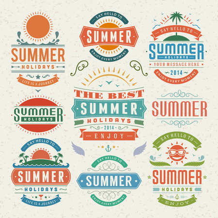 Summer holidays design elements and typography design  Retro and vintage templates  Flourishes calligraphic ornaments, labels, badges, cards  Vector set  のイラスト素材