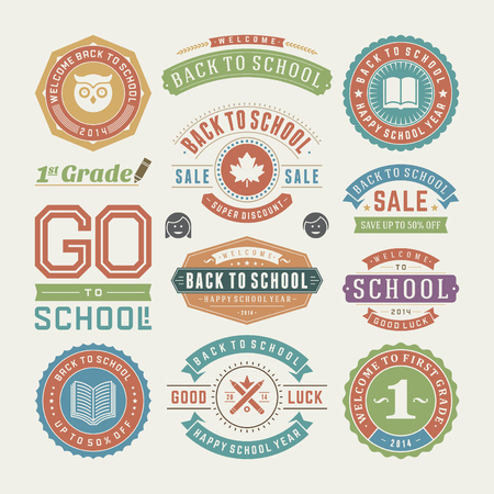Back to school vector design elements collection. Typographic elements, vintage labels, frames, ribbons, cards, sale and clearance set. Flourishes and calligraphic retro ornamentsのイラスト素材