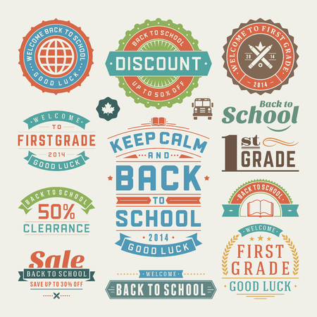 Back to school vector design elements collection. Typographic elements, vintage labels, frames, ribbons, cards, sale and clearance set. Flourishes and calligraphic retro ornamentsのイラスト素材