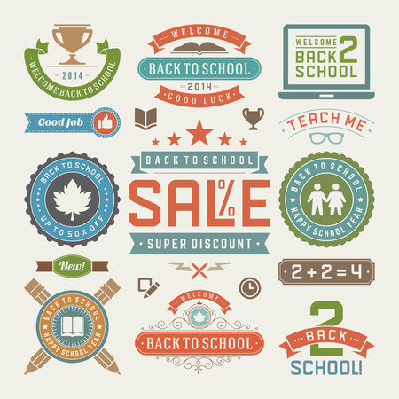 Back to school vector design elements collection. Typographic elements, vintage labels, frames, ribbons, cards, sale and clearance set. Flourishes and calligraphic retro ornamentsのイラスト素材