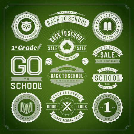 Back to school vector design elements collection. Typographic elements, vintage labels, frames, ribbons, cards, sale and clearance set. Flourishes and calligraphic retro ornamentsのイラスト素材
