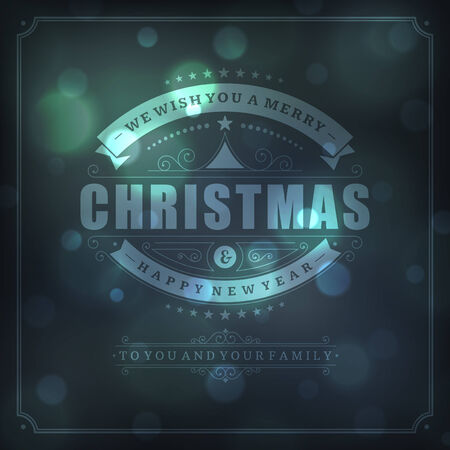 Christmas retro typography and light background. Merry Christmas holidays wish greeting card and vintage ornament decoration. Happy new year message. Vector illustration Eps 10.のイラスト素材