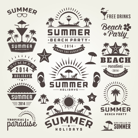 Summer design elements and typography design. Beach vacation and tropical paradise retro and vintage templates. Flourishes calligraphic ornaments, labels, badges, cards. Vector setのイラスト素材
