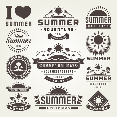 Summer design elements and typography design. Beach vacation and tropical paradise retro and vintage templates. Flourishes calligraphic ornaments, labels, badges, cards. Vector setのイラスト素材