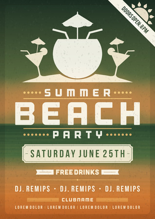 Retro summer party design poster or flyer. Night club event typography. Vector template illustrationのイラスト素材