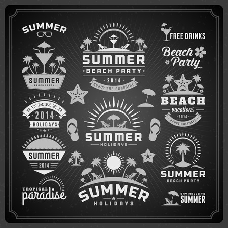 Summer design elements and typography design. Beach vacation and tropical paradise retro and vintage templates. Flourishes calligraphic ornaments, labels, badges, cards. Vector setのイラスト素材