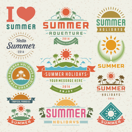 Summer design elements and typography design. Beach vacation and tropical paradise retro and vintage templates. Flourishes calligraphic ornaments, labels, badges, cards. Vector setのイラスト素材