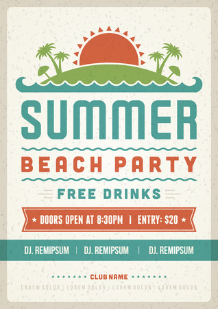 Retro summer party design poster or flyer. Night club event typography. Vector template illustrationのイラスト素材