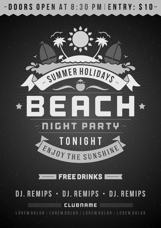 Retro summer party design poster or flyer. Night club event typography. Vector template illustrationのイラスト素材