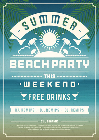 Retro summer party design poster or flyer. Night club event typography. Vector template illustrationのイラスト素材