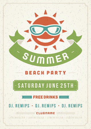 Retro summer party design poster or flyer. Night club event typography. Vector template illustrationのイラスト素材