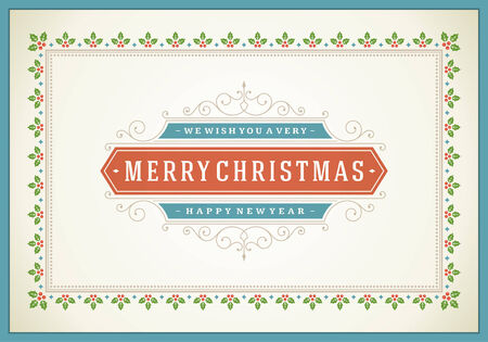 Christmas retro typography and ornament decoration. Merry Christmas holidays wish greeting card and vintage background. Happy new year message. Vector illustration Eps 10.のイラスト素材