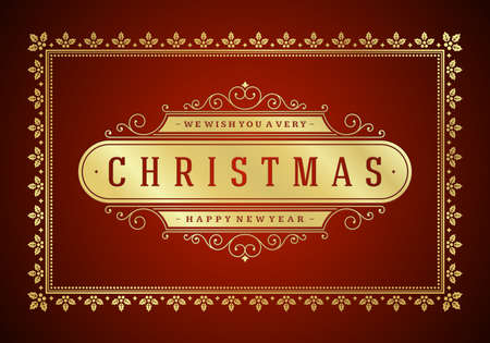 Christmas retro typography and ornament decoration. Merry Christmas holidays wish greeting card and vintage background. Happy new year message. Vector illustration Eps 10.のイラスト素材