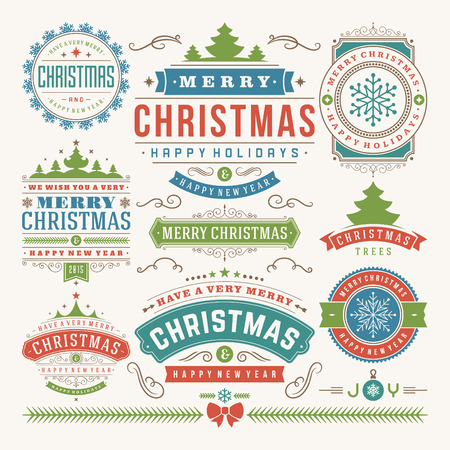 Christmas decoration vector design elements. Merry Christmas and happy holidays wishes.Typographic elements, vintage labels, frames, ornaments and ribbons, set. Flourishes calligraphic. のイラスト素材