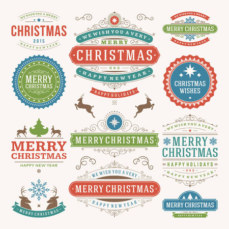 Christmas decoration vector design elements. Merry Christmas and happy holidays wishes.Typographic elements, vintage labels, frames, ornaments and ribbons, set. Flourishes calligraphic. のイラスト素材