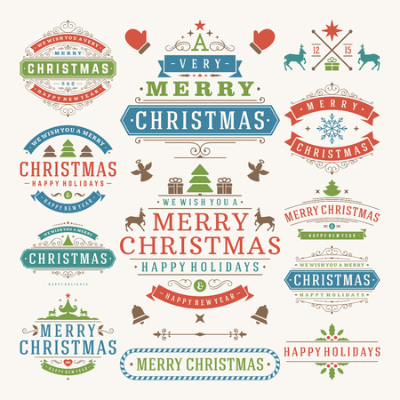 Christmas decoration vector design elements. Merry Christmas and happy holidays wishes.Typographic elements, vintage labels, frames, ornaments and ribbons, set. Flourishes calligraphic. のイラスト素材