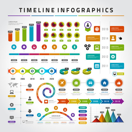 Timeline Infographic Design Templates set. Charts, diagrams, icons, objects, vector elements for data and statistics designのイラスト素材