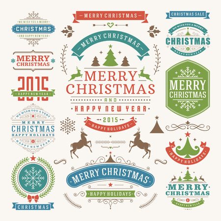 Christmas decoration vector design elements. Merry Christmas and happy holidays wishes.Typographic elements, vintage labels, frames, ornaments and ribbons, set. Flourishes calligraphic. のイラスト素材