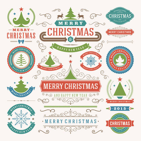 Christmas decoration vector design elements. Merry Christmas and happy holidays wishes.Typographic elements, vintage labels, frames, ornaments and ribbons, set. Flourishes calligraphic. のイラスト素材