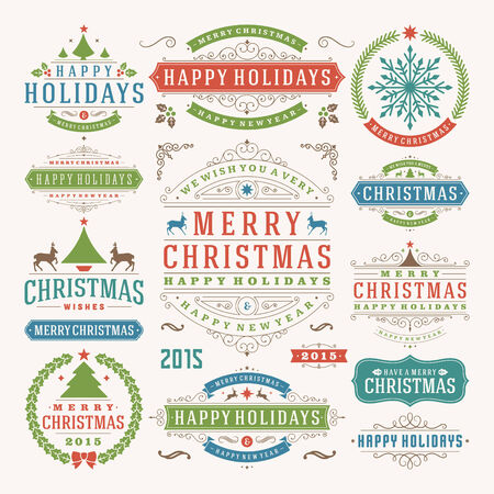 Christmas decoration vector design elements. Merry Christmas and happy holidays wishes.Typographic elements, vintage labels, frames, ornaments and ribbons, set. Flourishes calligraphic. のイラスト素材