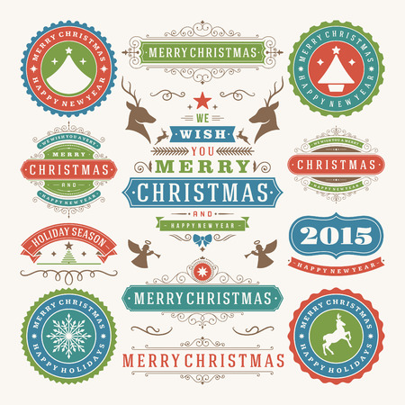 Christmas decoration vector design elements. Merry Christmas and happy holidays wishes.Typographic elements, vintage labels, frames, ornaments and ribbons, set. Flourishes calligraphic. のイラスト素材