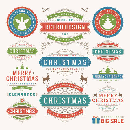 Christmas decoration vector design elements. Merry Christmas and happy holidays wishes.Typographic elements, vintage labels, frames, ornaments and ribbons, set. Flourishes calligraphic. のイラスト素材