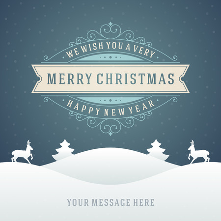 Christmas retro typographic and ornament decoration. Merry Christmas holidays wish greeting card and vintage background. Happy new year message. のイラスト素材