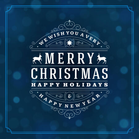 Christmas retro typography and light background. Merry Christmas holidays wish greeting card design and vintage ornament decoration. Happy new year message.のイラスト素材