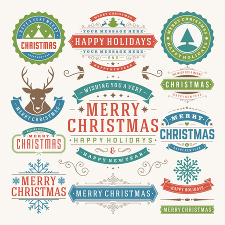 Christmas decoration vector design elements. Merry Christmas and happy holidays wishes.Typographic elements, vintage labels, frames, ornaments and ribbons, set. Flourishes calligraphic. のイラスト素材