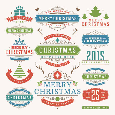 Christmas decoration vector design elements. Merry Christmas and happy holidays wishes.Typographic elements, vintage labels, frames, ornaments and ribbons, set. Flourishes calligraphic. のイラスト素材