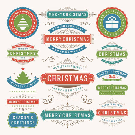 Christmas decoration vector design elements. Merry Christmas and happy holidays wishes.Typographic elements, vintage labels, frames, ornaments and ribbons, set. Flourishes calligraphic. のイラスト素材