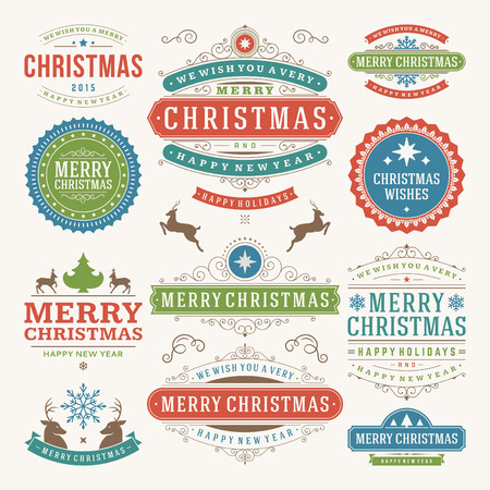 Christmas decoration vector design elements. Merry Christmas and happy holidays wishes.Typographic elements, vintage labels, frames, ornaments and ribbons, set. Flourishes calligraphic. のイラスト素材