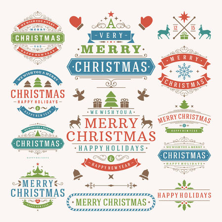 Christmas decoration vector design elements. Merry Christmas and happy holidays wishes.Typographic elements, vintage labels, frames, ornaments and ribbons, set. Flourishes calligraphic. のイラスト素材