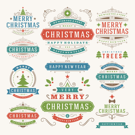 Christmas decoration vector design elements. Merry Christmas and happy holidays wishes.Typographic elements, vintage labels, frames, ornaments and ribbons, set. Flourishes calligraphic. のイラスト素材