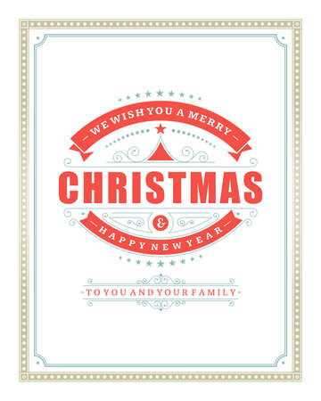 Christmas retro typography and ornament decoration. Merry Christmas holidays wish greeting card design and vintage background. Happy new year message. のイラスト素材