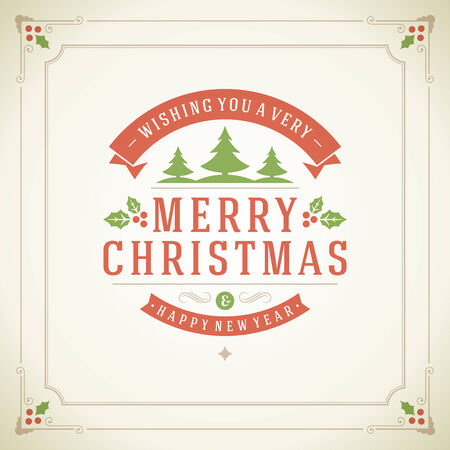 Christmas retro typography and ornament decoration. Merry Christmas holidays wish greeting card design and vintage background.  のイラスト素材