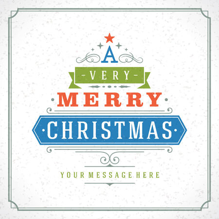 Christmas tree typography from text and ornament decoration. Merry Christmas holidays wish greeting card design and vintage background. Happy new year message. Vector illustration Eps 10.のイラスト素材