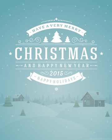 Christmas landscape with village and ornament decoration. Merry Christmas holidays wish greeting card and vintage background. Happy new year message. Vector illustration.のイラスト素材
