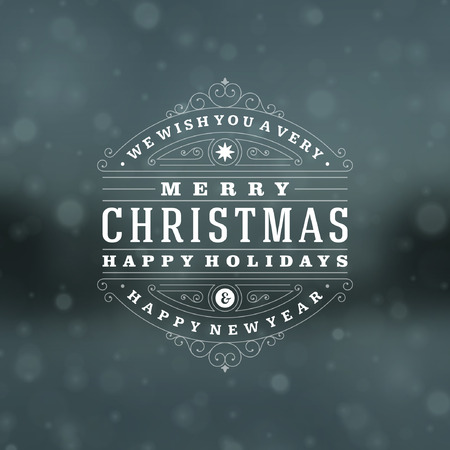 Christmas blurred landscape greeting card and light vector background. Merry Christmas holidays wish design and vintage ornament decoration. Happy new year message. のイラスト素材