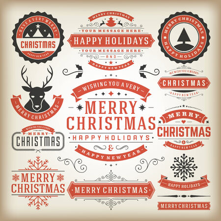 Christmas decoration vector design elements. Merry Christmas and happy holidays wishes.Typographic elements, vintage labels, frames, ornaments and ribbons, set. Flourishes calligraphic.のイラスト素材