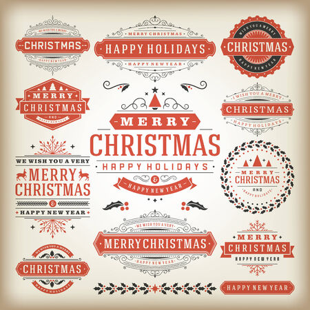 Christmas decoration vector design elements. Merry Christmas and happy holidays wishes.Typographic elements, vintage labels, frames, ornaments and ribbons, set. Flourishes calligraphic.のイラスト素材